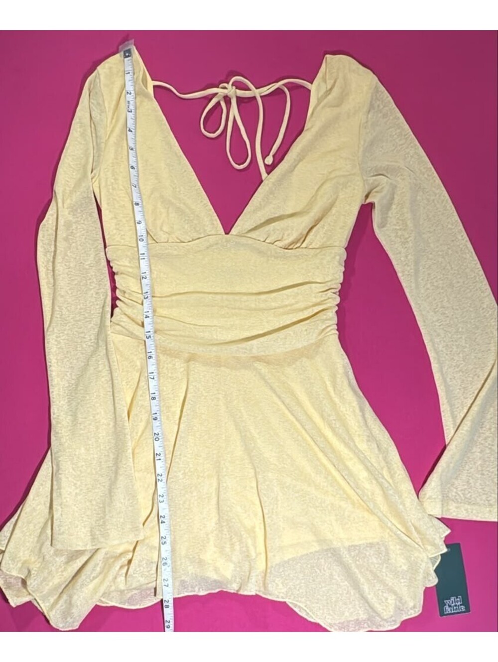 Wild Fable Ruched Mini Dress – Yellow Long Sleeve V‑Neck Size XS